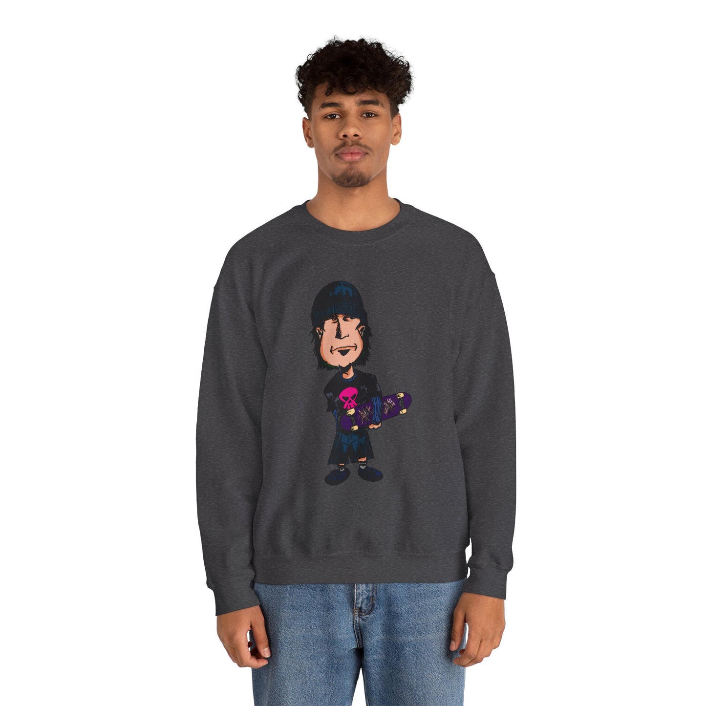 Rude Skater Dude - Skate Punk - Cartoon Skater Crewneck Sweatshirt – Cute Skateboarder Graphic Pullover