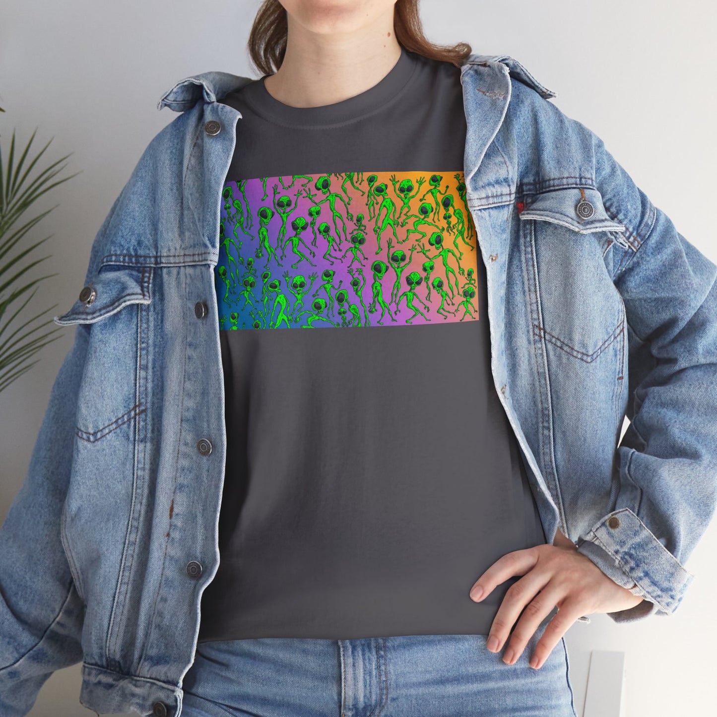 Alien Dance Party Gradient Tee — Colorful Psychedelic Green Aliens Art T-Shirt