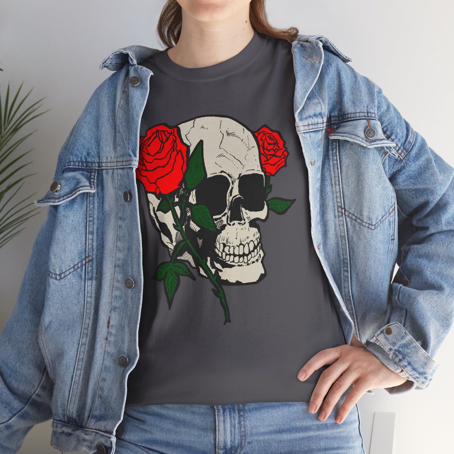 Skull & Roses Unisex Heavy Cotton Tee - Edgy Graphic T-Shirt for Casual Style