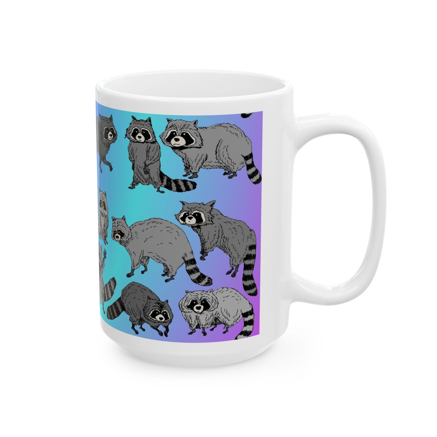 Raccoon Pattern Ceramic Mug — Cute Cartoon Raccoons on Gradient Background (11oz, 15oz)