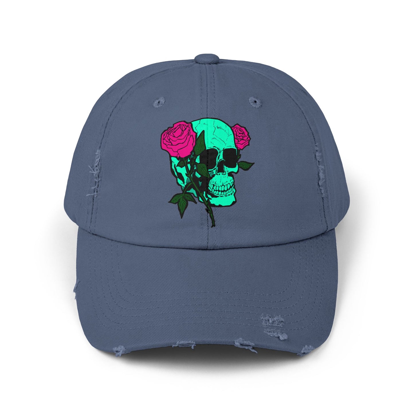 Trendy Distressed Skull Cap with Roses