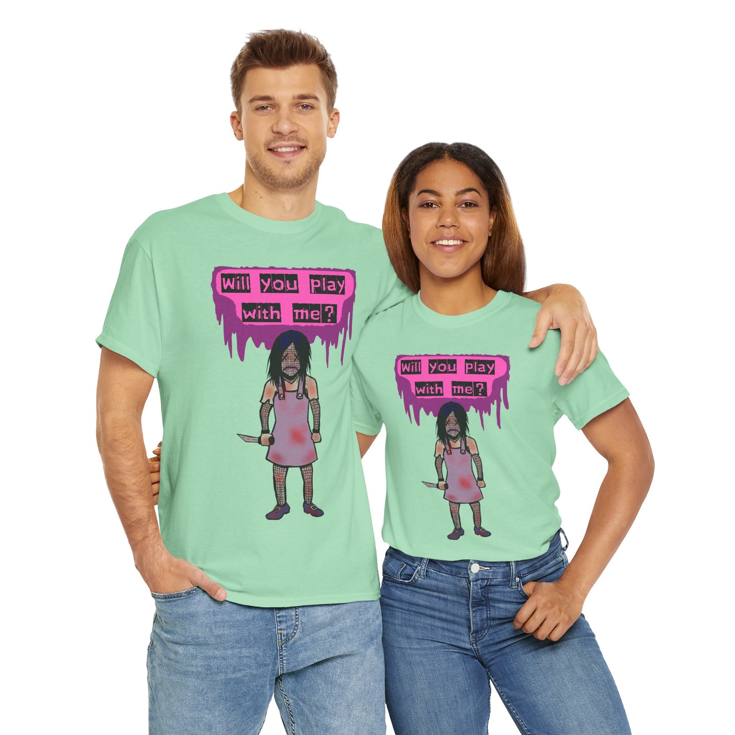 Chilling Evil Doll Horror Tee, Horror T-Shirt, Grey Tee, Unique Graphic Tee, Unisex Tee, Playful Scary Top, Halloween Shirt