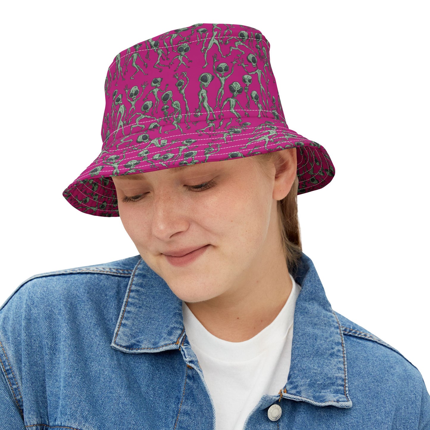 Vibrant Alien Dance Party Print Bucket Hat for Trendy Fashion Lovers, Unique Summer Accessory, Festival Gear, Fun Gift, Vacation Must-Have