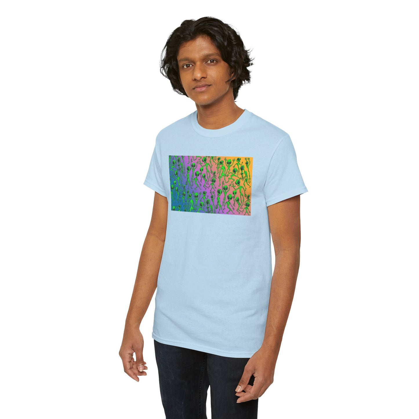 Alien Dance Party Gradient Tee — Colorful Psychedelic Green Aliens Art T-Shirt