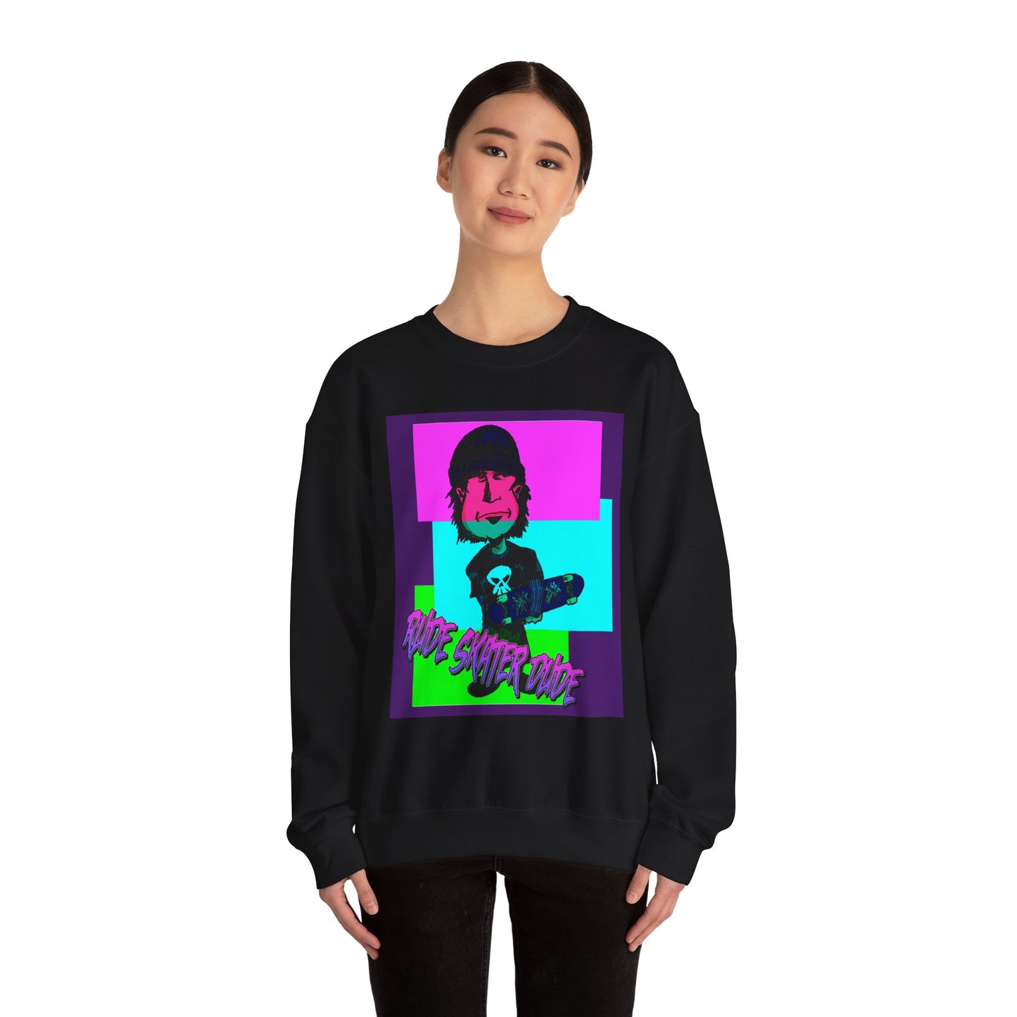 Crewneck Sweatshirt — Retro Neon Skate Punk "Rude Skater Dude" Graphic