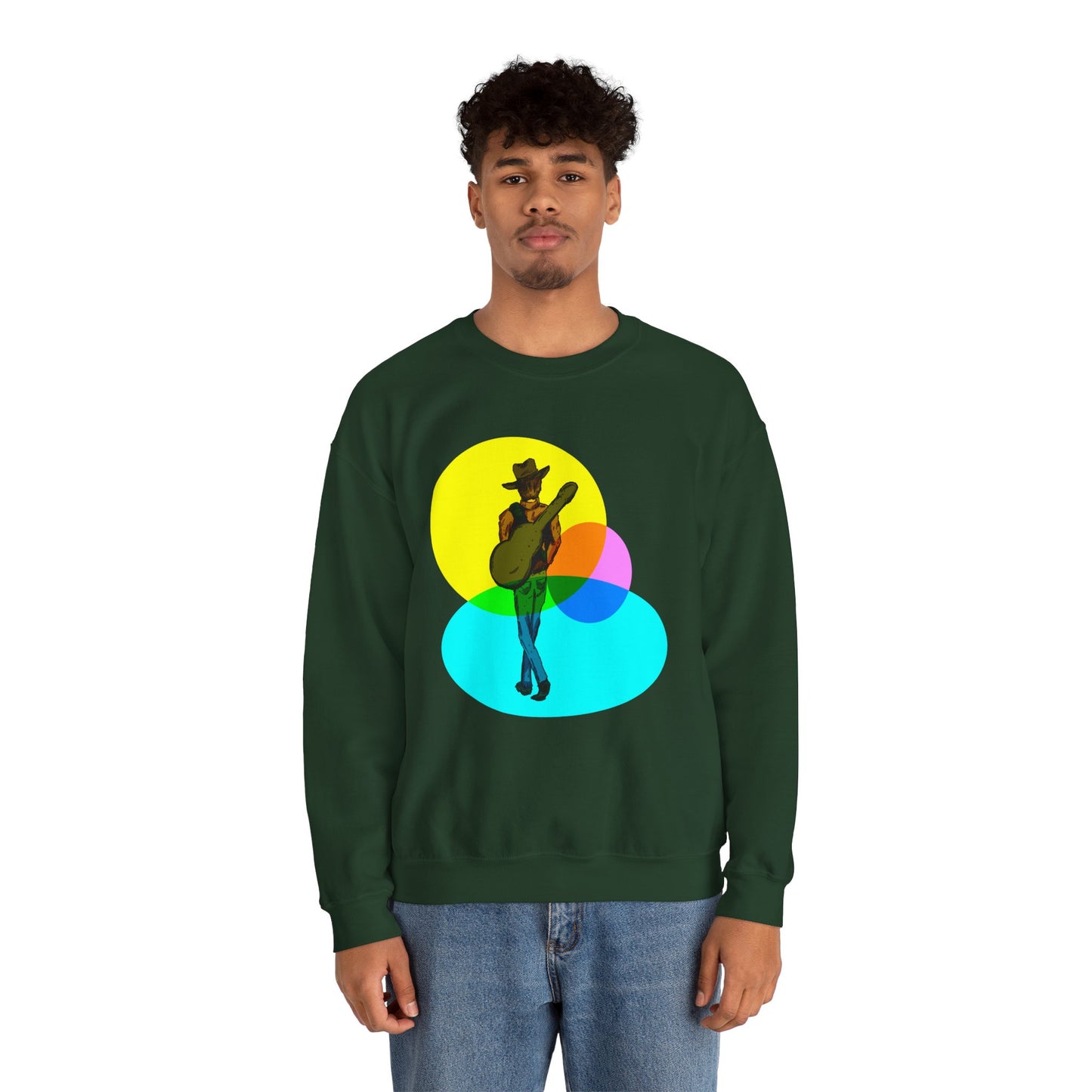 Cowboy Guitarist Graphic Sweatshirt — Retro Color Spot Music Pullover