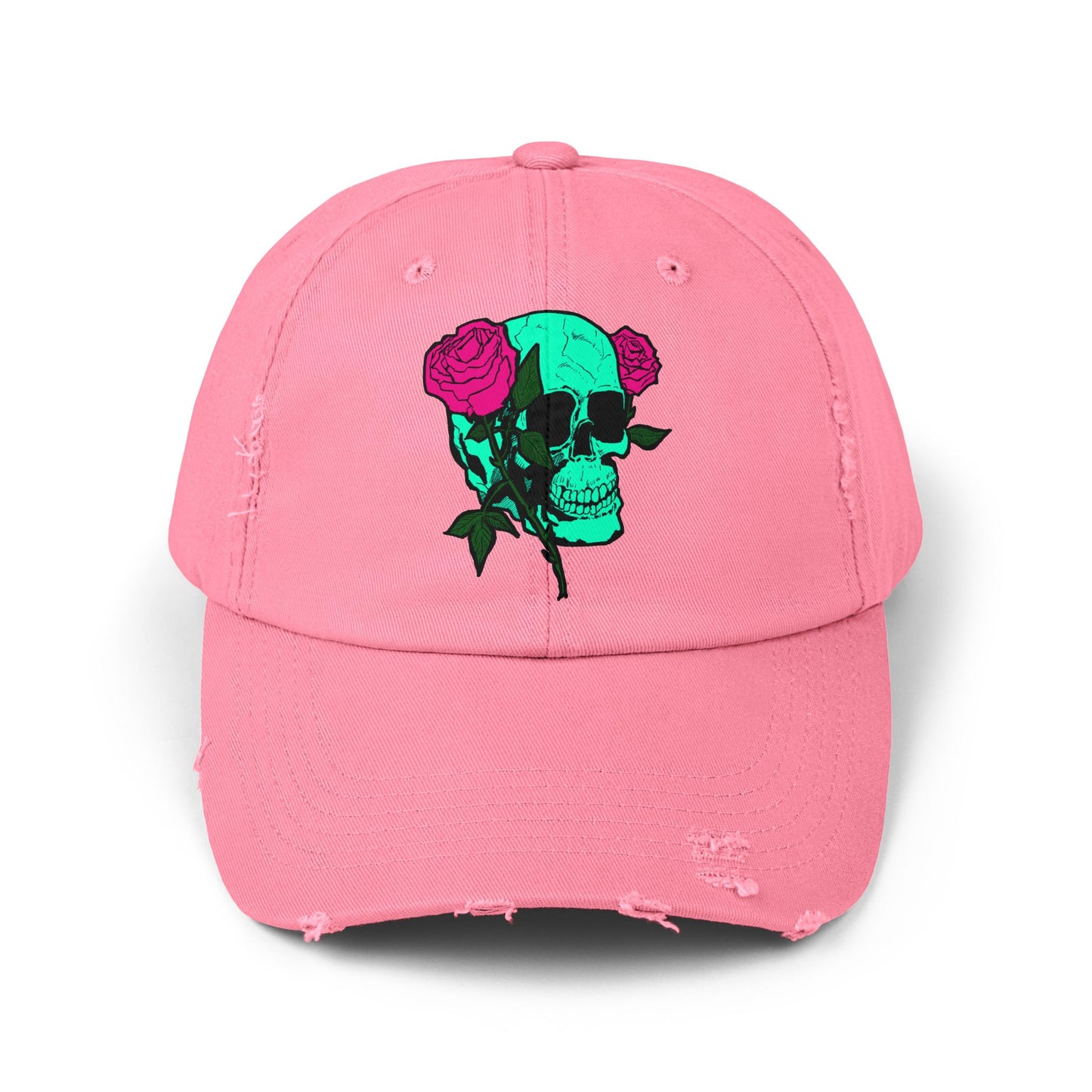 Trendy Distressed Skull Cap with Roses