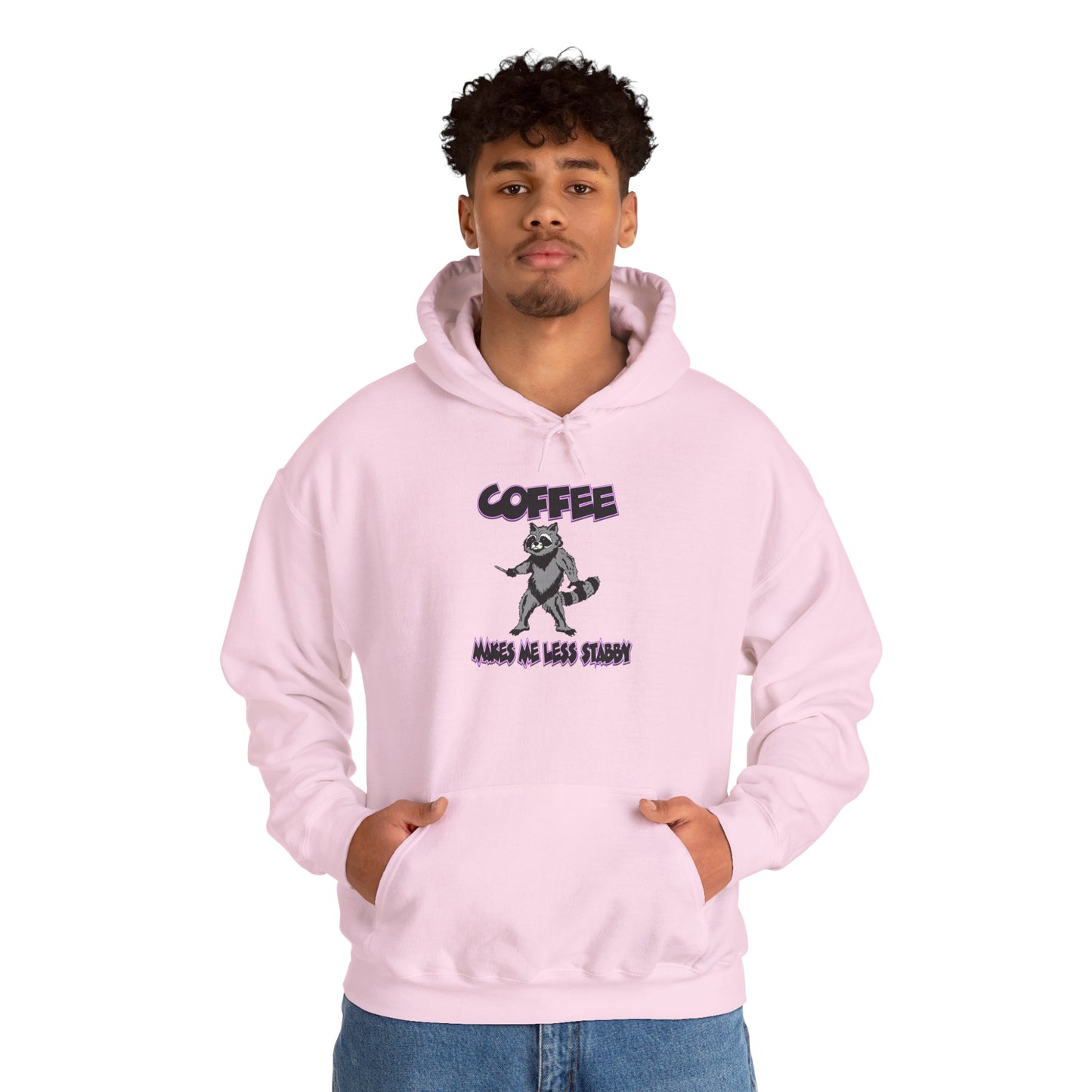 Coffee Makes Me Less Stabby Themed Unisex Hoodie with Fun Raccoon Design, Perfect for Coffee Lovers, Gift for Birthdays, Chill Days, Cozy Sweater