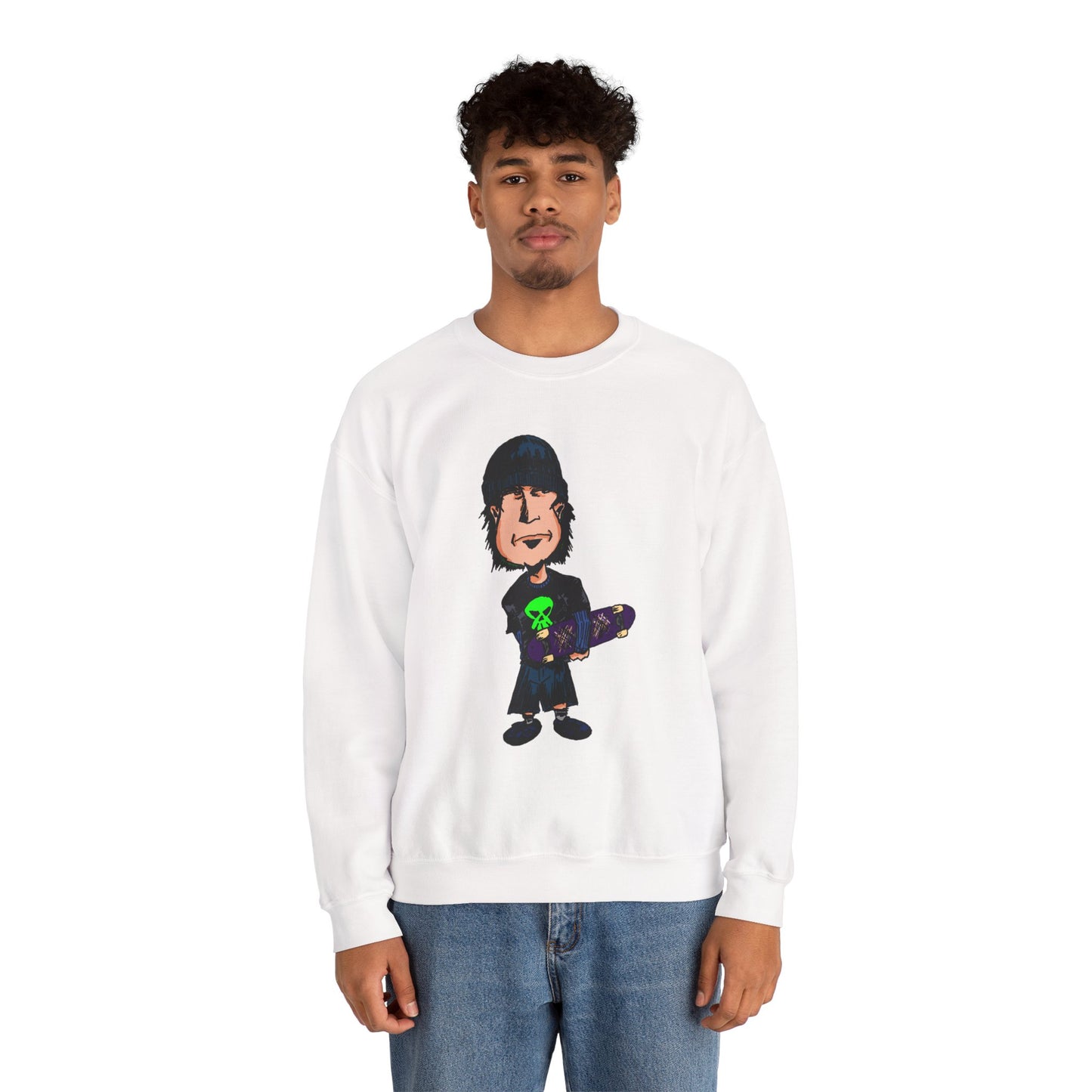 Rude Skater Dude - Cartoon Skate Punk Crewneck Sweatshirt — Retro Skateboard Character Graphic