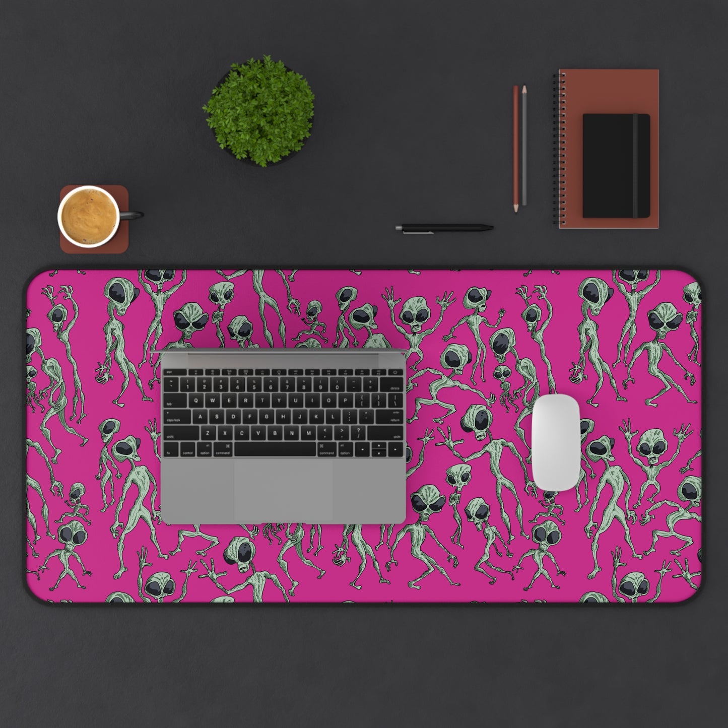 Alien Dance Party Desk Mat - Vibrant Pink Cosmic Sci-Fi Outer Space Intergalactic