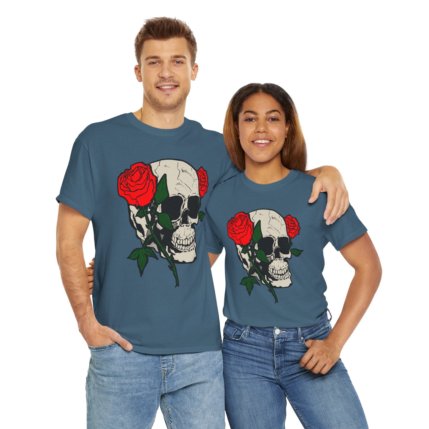 Skull & Roses Unisex Heavy Cotton Tee - Edgy Graphic T-Shirt for Casual Style
