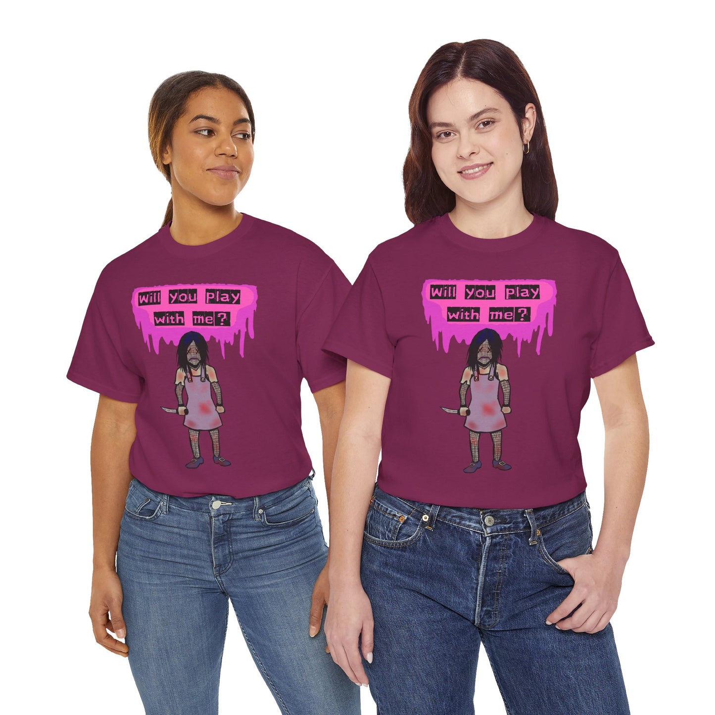 Playful Evil Doll Horror Graphic Tee, Unisex Heavy Cotton Shirt, Casual Wear, Unique Gift, Halloween Costume, Quirky Fashion