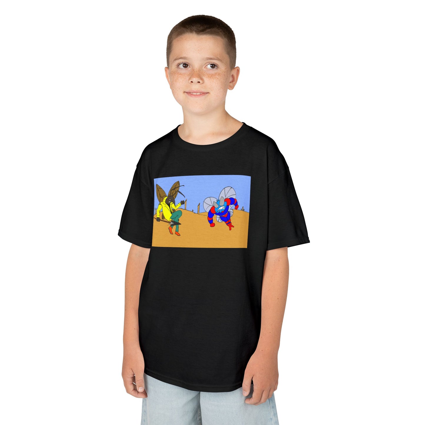 Astro-Fly and Wasp Warrior Kids Tee — Colorful Desert Beetle Cartoon Illustration