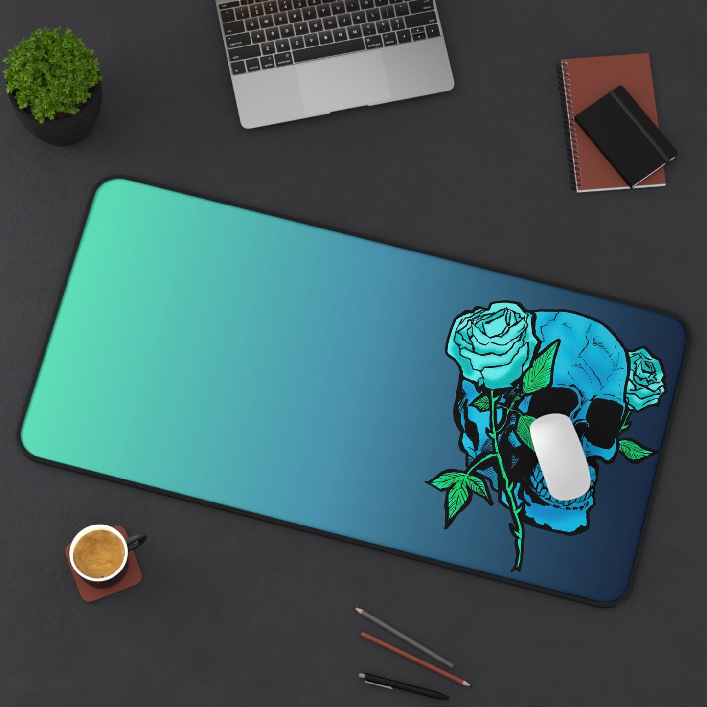 Aqua Skull & Rose Desk Mat — Gradient Gaming Mouse Pad