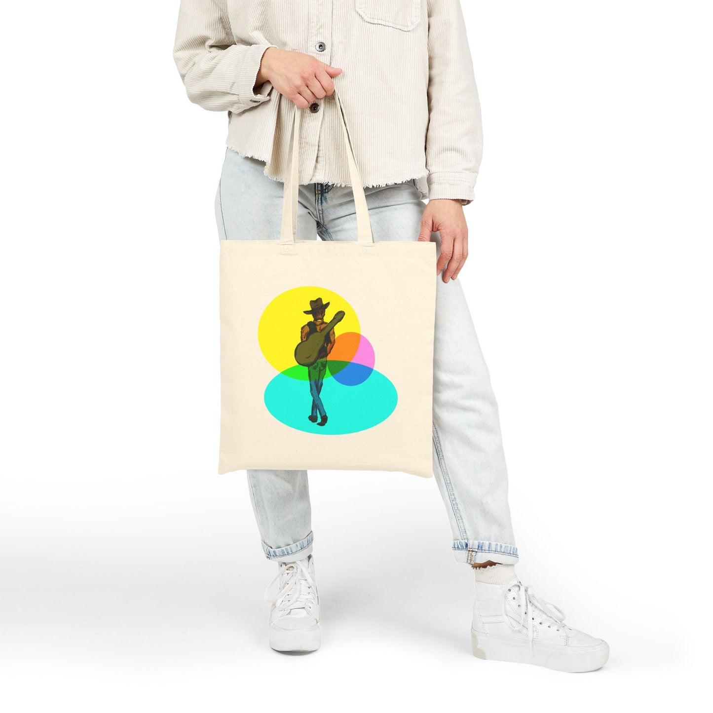 Cowboy Musician Tote Bag — Silhouette Guitarist Colorful Retro Circles Canvas Tote