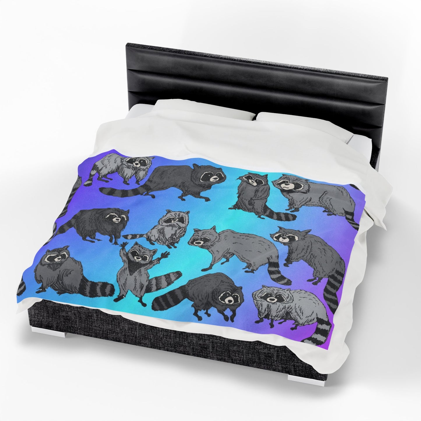 Raccoon Pattern Velveteen Plush Blanket — Cozy Blue Gradient Throw for Animal Lovers