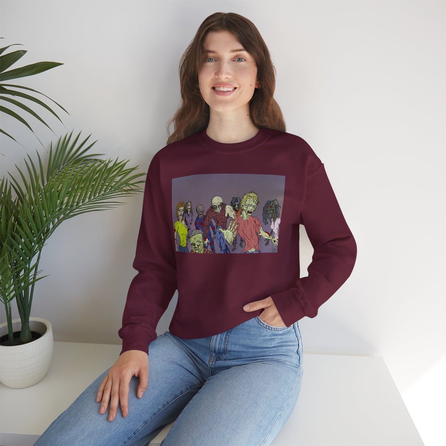 Zombie-Themed Unisex Crewneck Sweatshirt - Perfect for Halloween and Horror Lovers