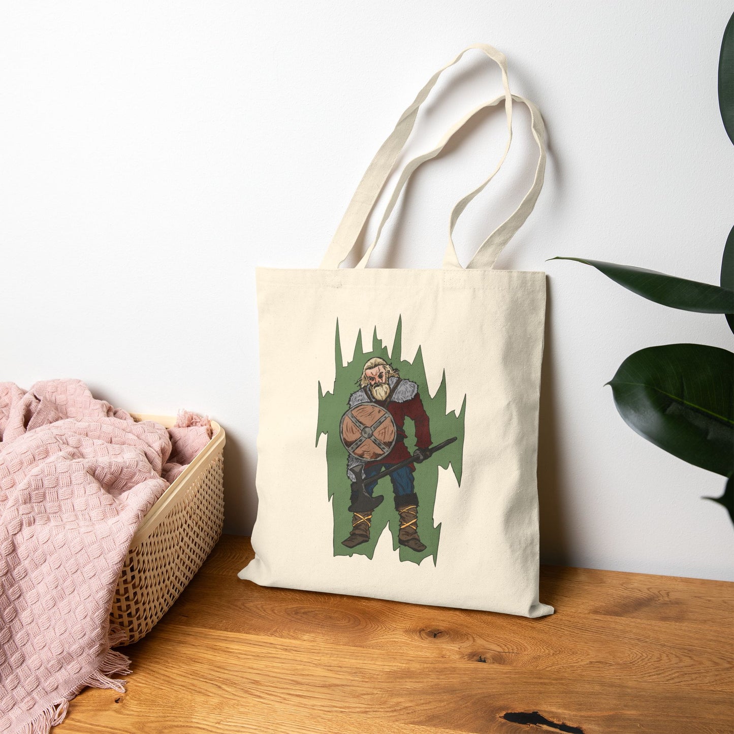 Viking Warrior Canvas Tote Bag – Norse Shield & Axe Graphic Cotton Tote