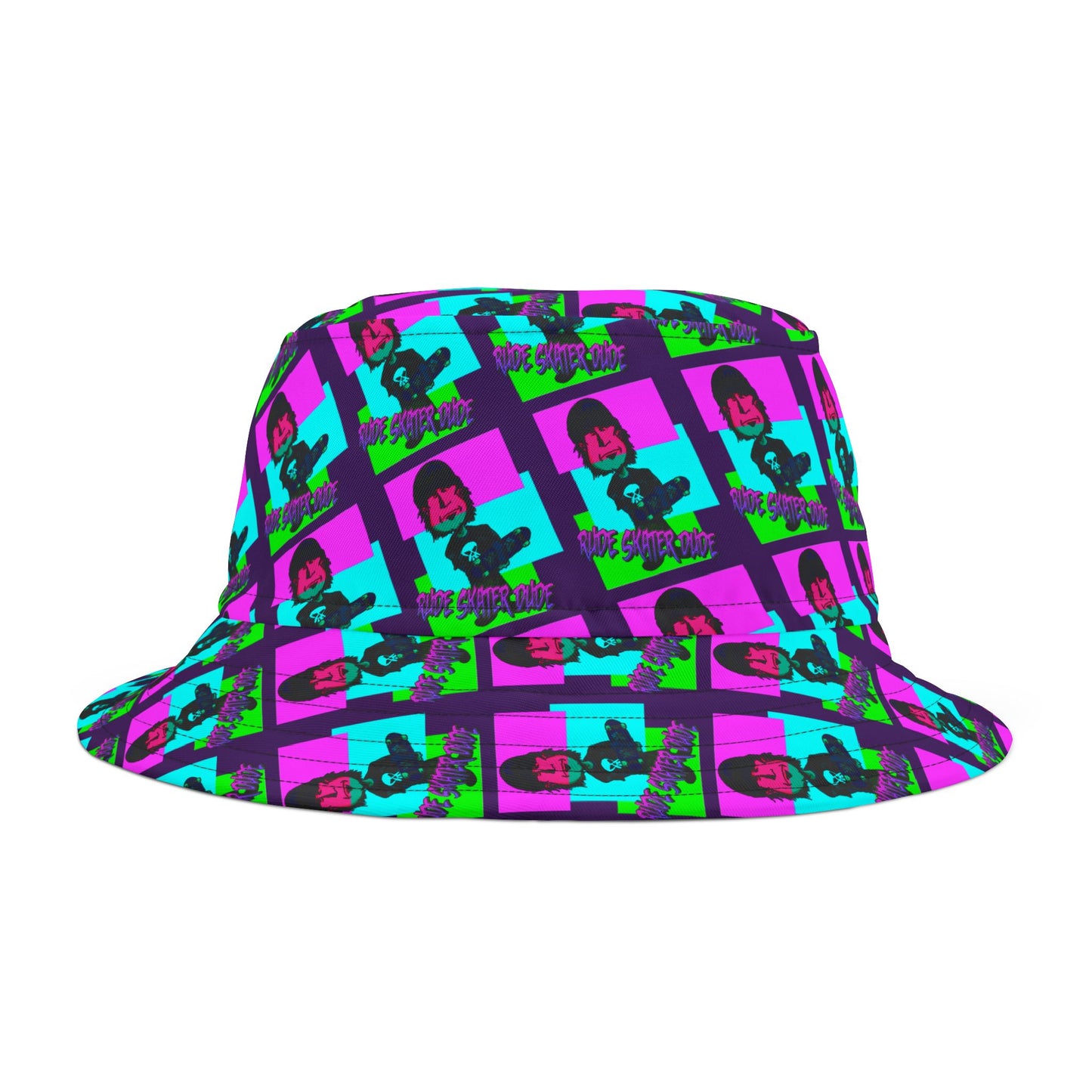 Rude Skater Dude Bucket Hat — Neon Pop Checkerboard Pattern