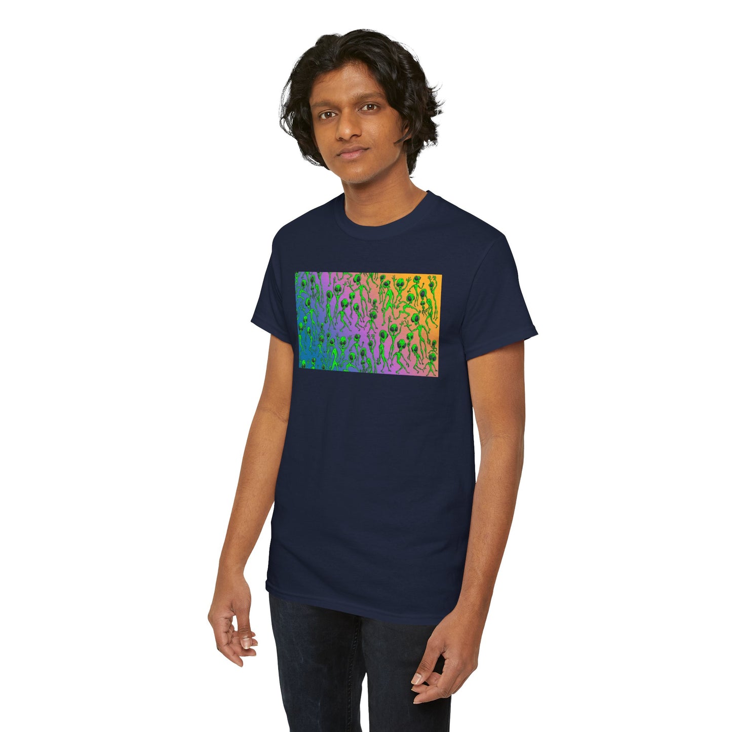 Alien Dance Party Gradient Tee — Colorful Psychedelic Green Aliens Art T-Shirt