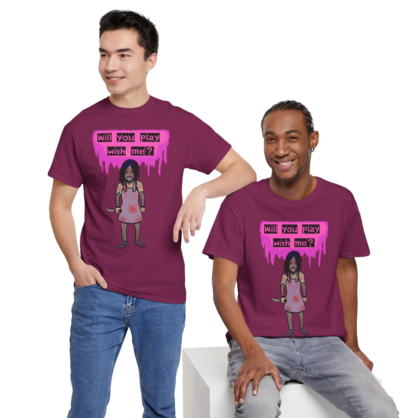 Playful Evil Doll Horror Graphic Tee, Unisex Heavy Cotton Shirt, Casual Wear, Unique Gift, Halloween Costume, Quirky Fashion