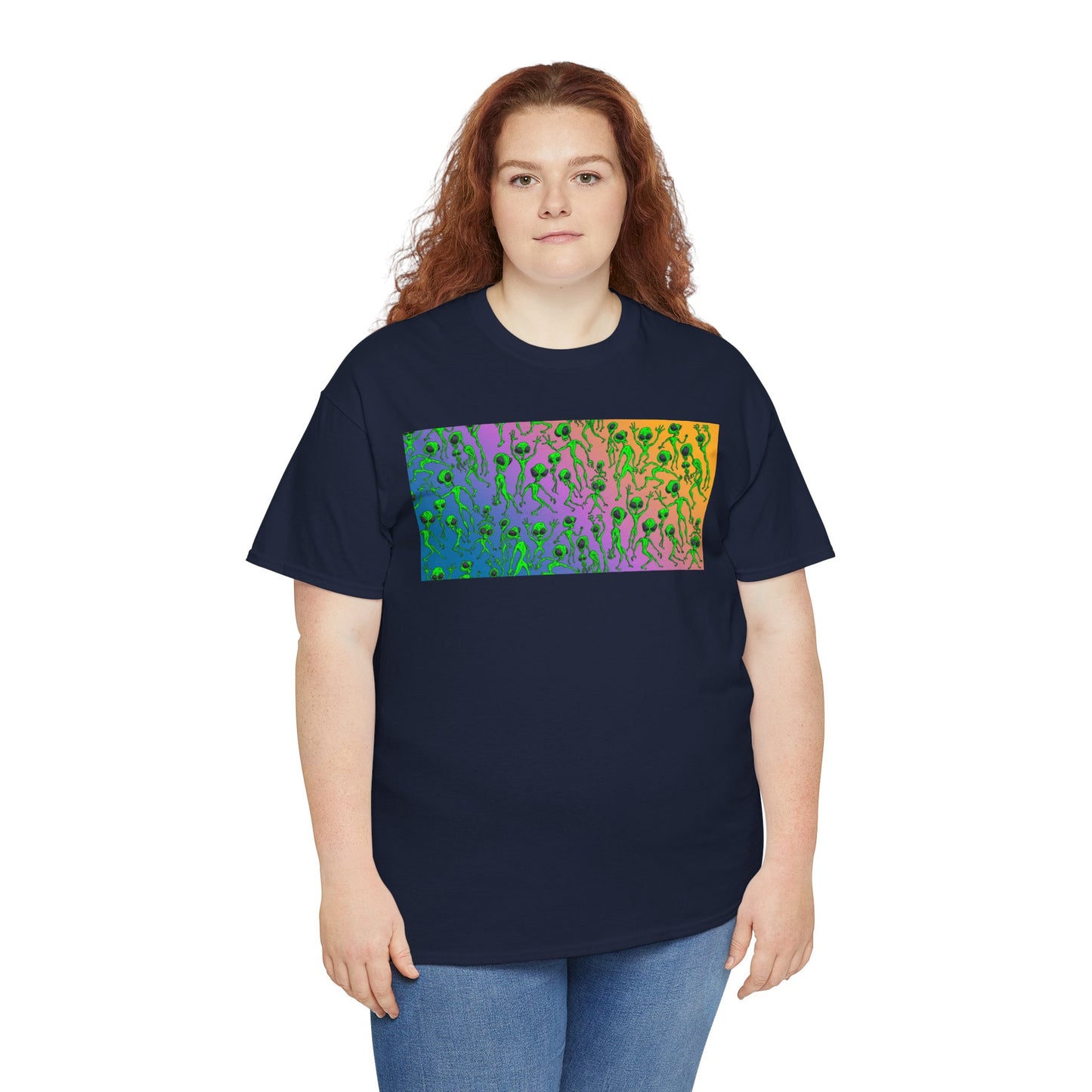 Alien Dance Party Gradient Tee — Colorful Psychedelic Green Aliens Art T-Shirt
