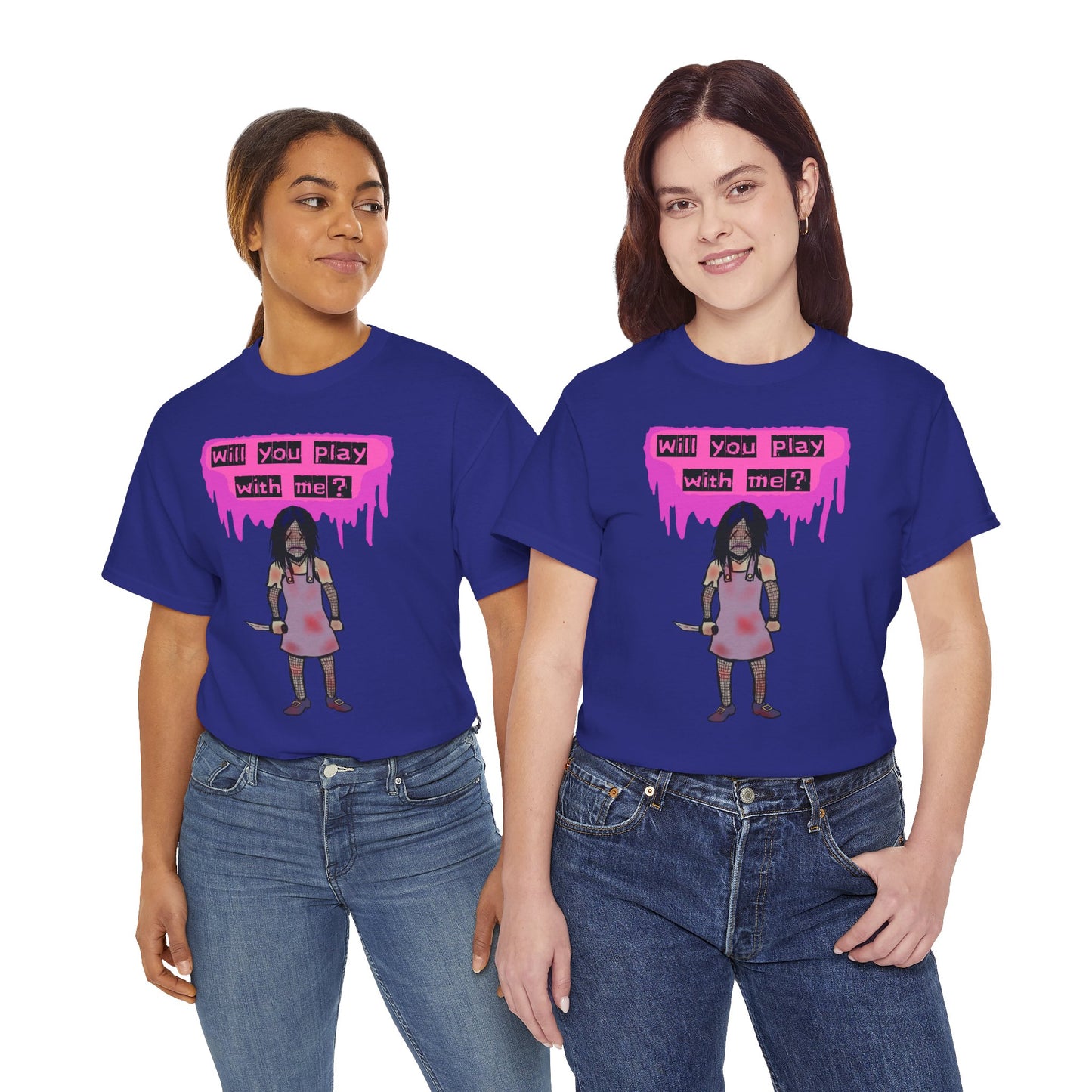 Playful Evil Doll Horror Graphic Tee, Unisex Heavy Cotton Shirt, Casual Wear, Unique Gift, Halloween Costume, Quirky Fashion