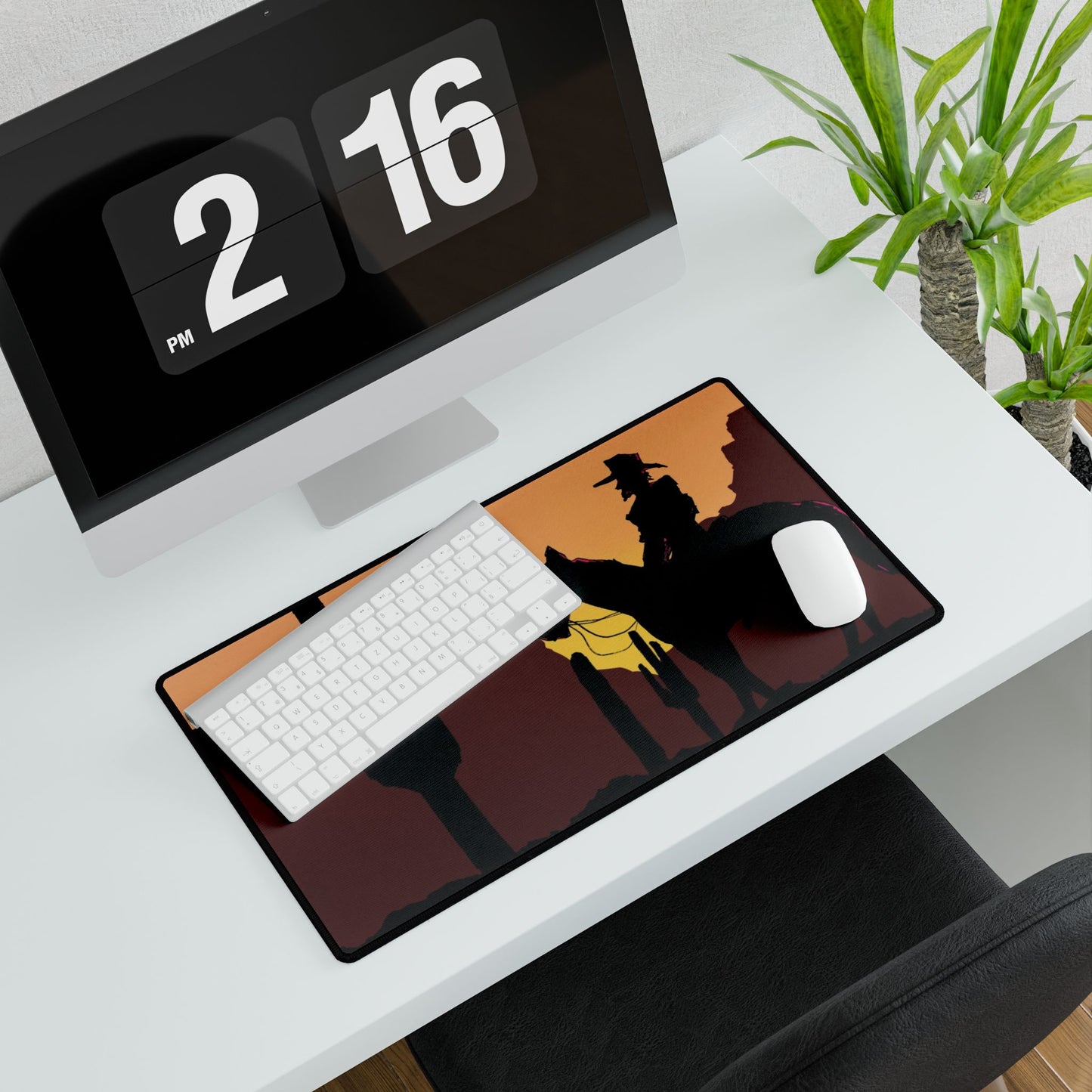 Western Sunset Desk Mat — Cowboy Silhouette Gaming Mouse Padard Playing Mat