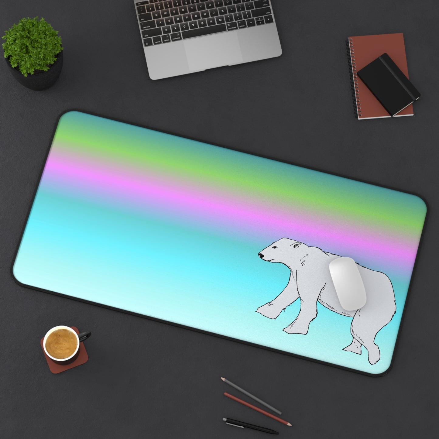 Polar Bear Northern Lights Gradient Desk Mat — Pastel Aurora Gaming & Office Mouse Pad