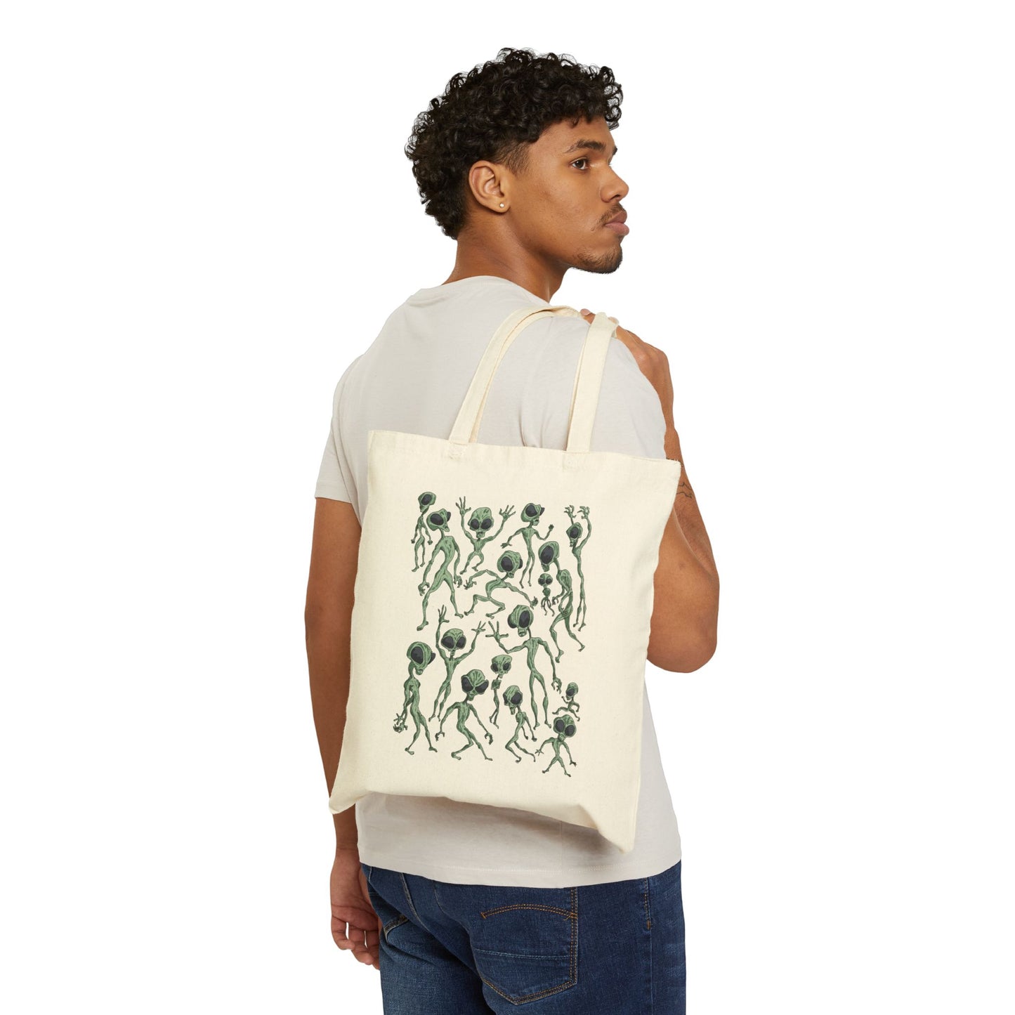 Alien Dance Party Tote — Dancing Green Thistle Pattern Cotton Canvas Tote Bag