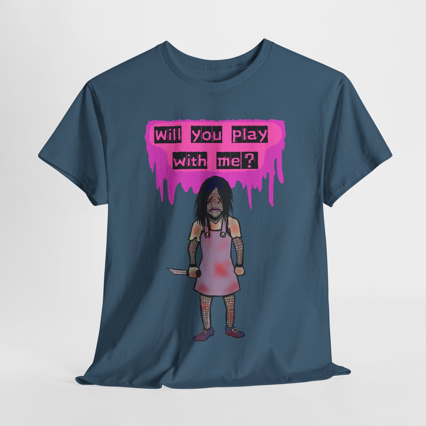 Playful Evil Doll Horror Graphic Tee, Unisex Heavy Cotton Shirt, Casual Wear, Unique Gift, Halloween Costume, Quirky Fashion