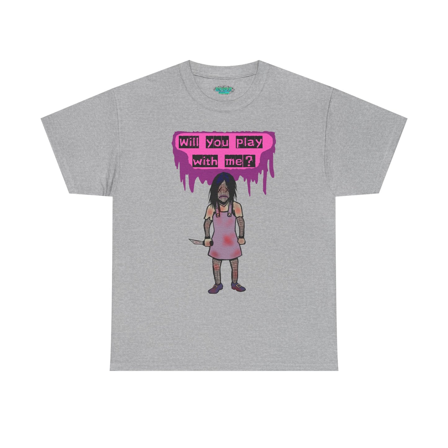 Chilling Evil Doll Horror Tee, Horror T-Shirt, Grey Tee, Unique Graphic Tee, Unisex Tee, Playful Scary Top, Halloween Shirt