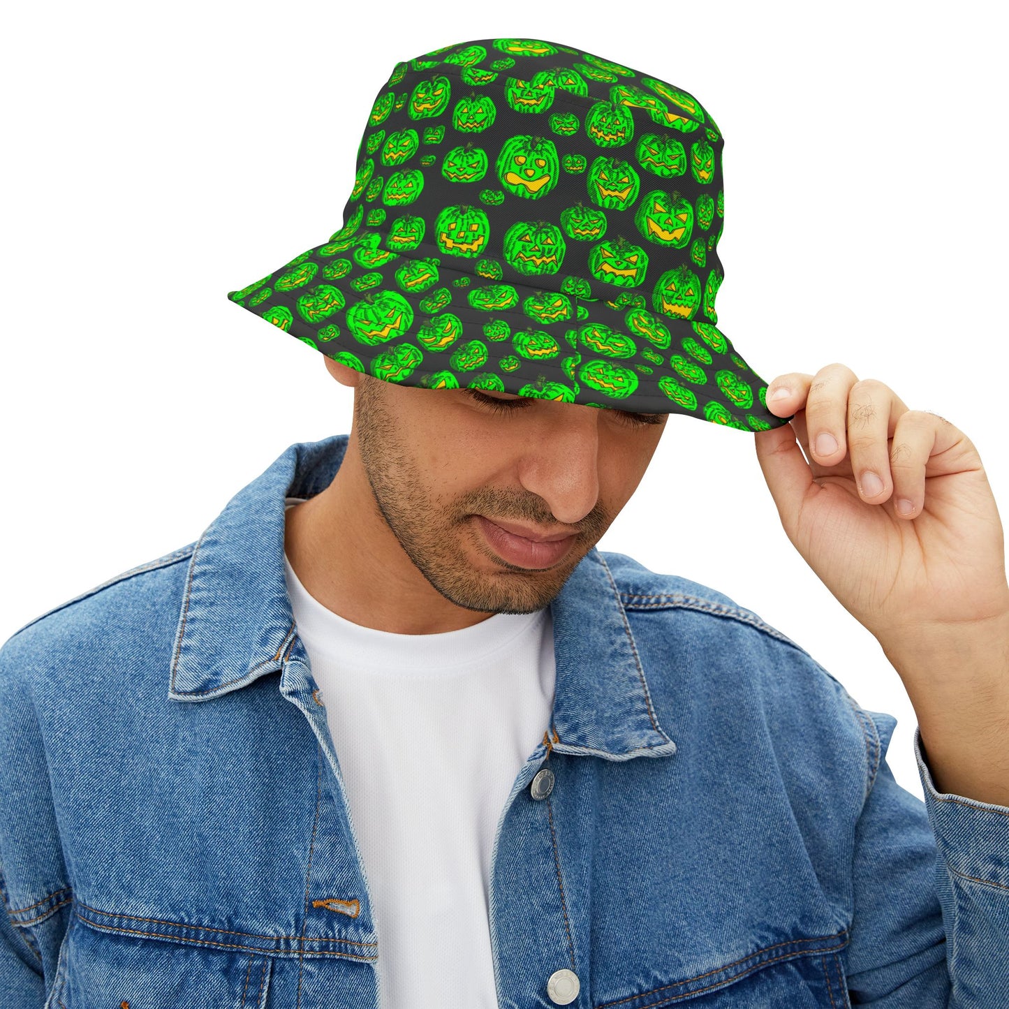 Monster Green Jack O Lantern Halloween Bucket Hat, Spooky Fall Accessory, Festival Hat, Trick or Treat Gear, Unisex Hat