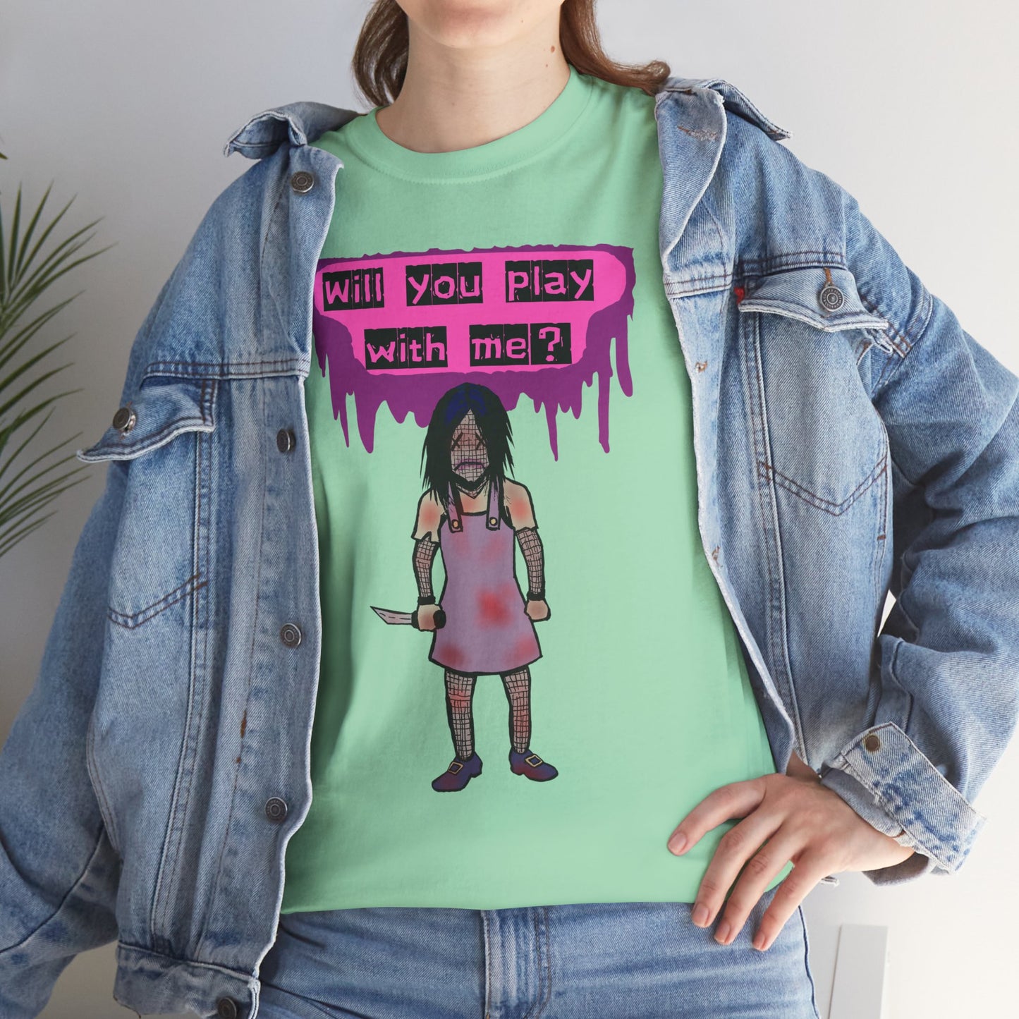 Chilling Evil Doll Horror Tee, Horror T-Shirt, Grey Tee, Unique Graphic Tee, Unisex Tee, Playful Scary Top, Halloween Shirt