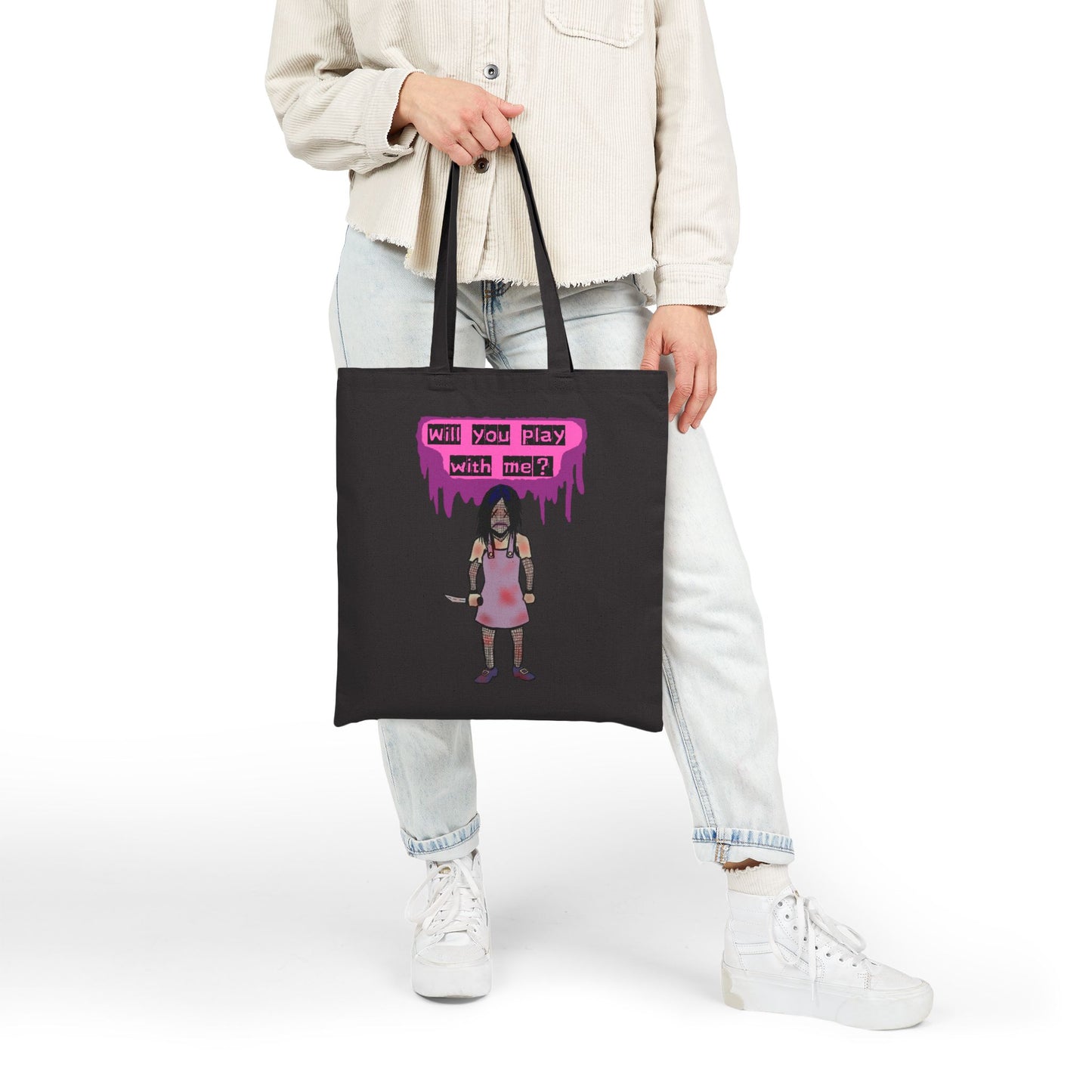 Tote Bag — 'Will You Play With Me?' Horror Creepy Doll Canvas Tote