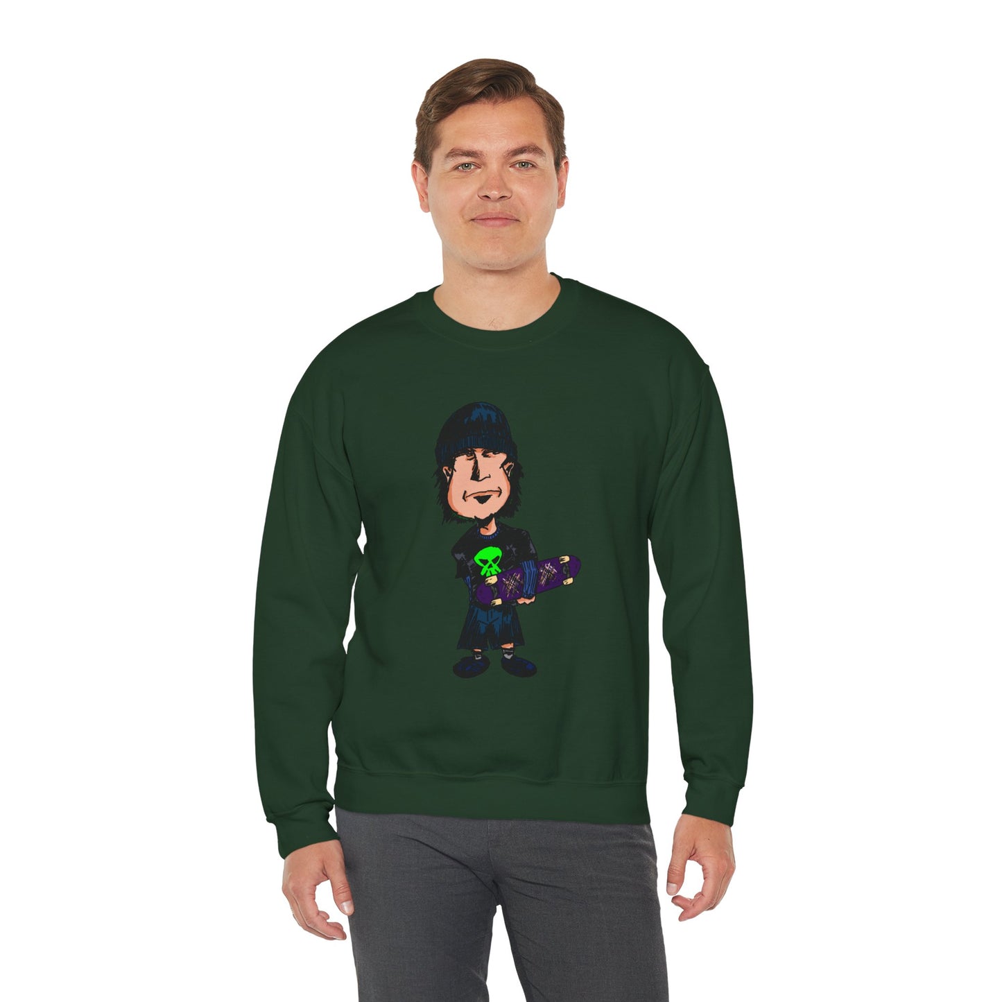 Rude Skater Dude - Cartoon Skate Punk Crewneck Sweatshirt — Retro Skateboard Character Graphic