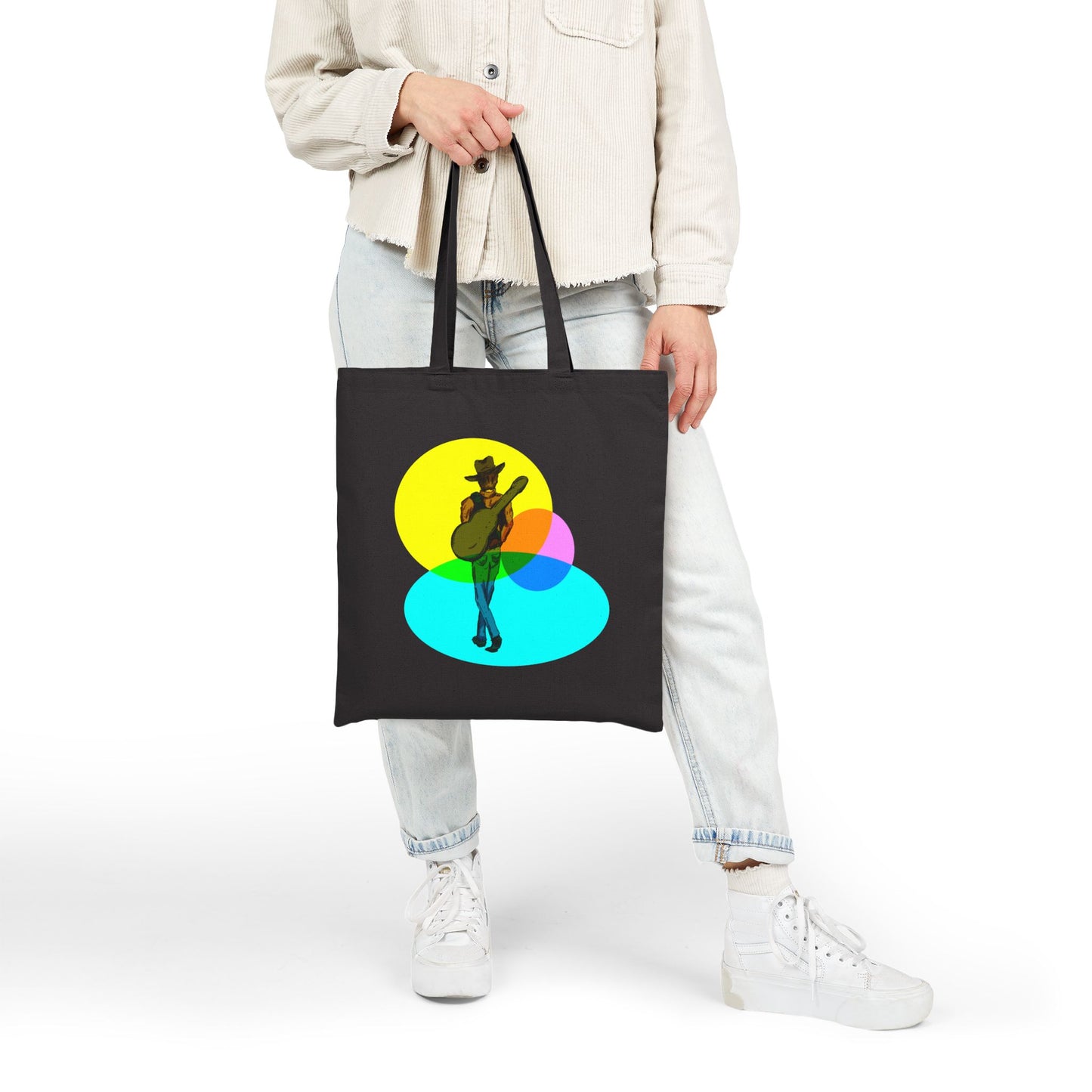 Cowboy Musician Tote Bag — Silhouette Guitarist Colorful Retro Circles Canvas Tote