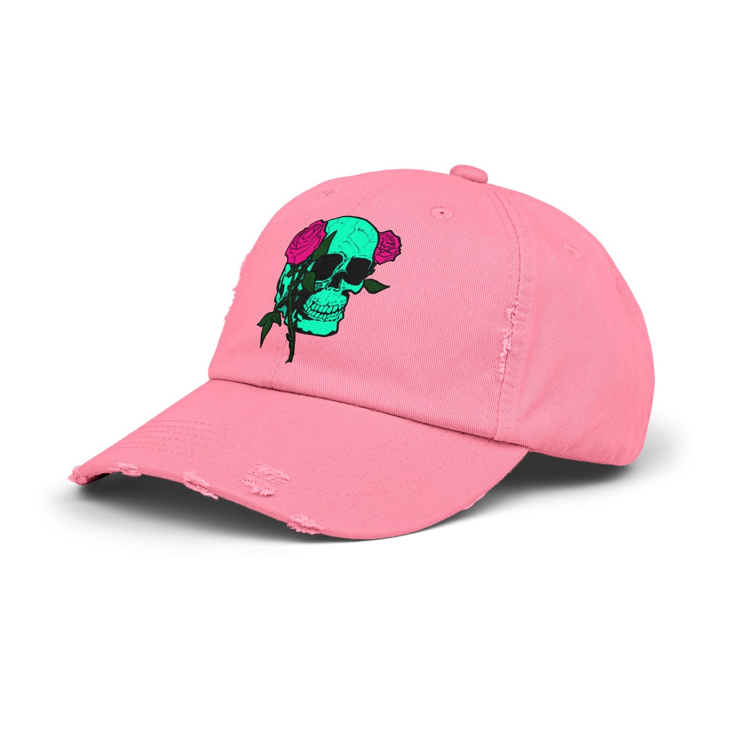 Trendy Distressed Skull Cap with Roses
