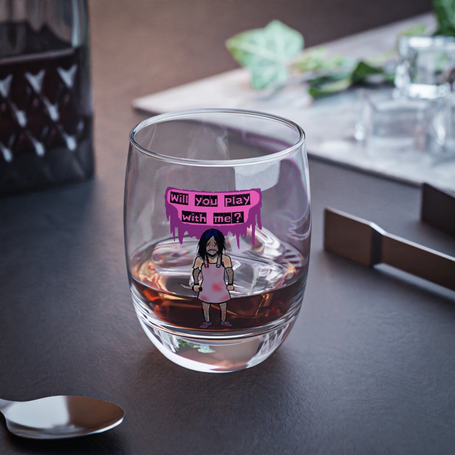 Playful Horror Whiskey Glass for Fans, Unique Gift for Gamers, Funny Barware, Halloween Decor, Whiskey Lover's Accessory