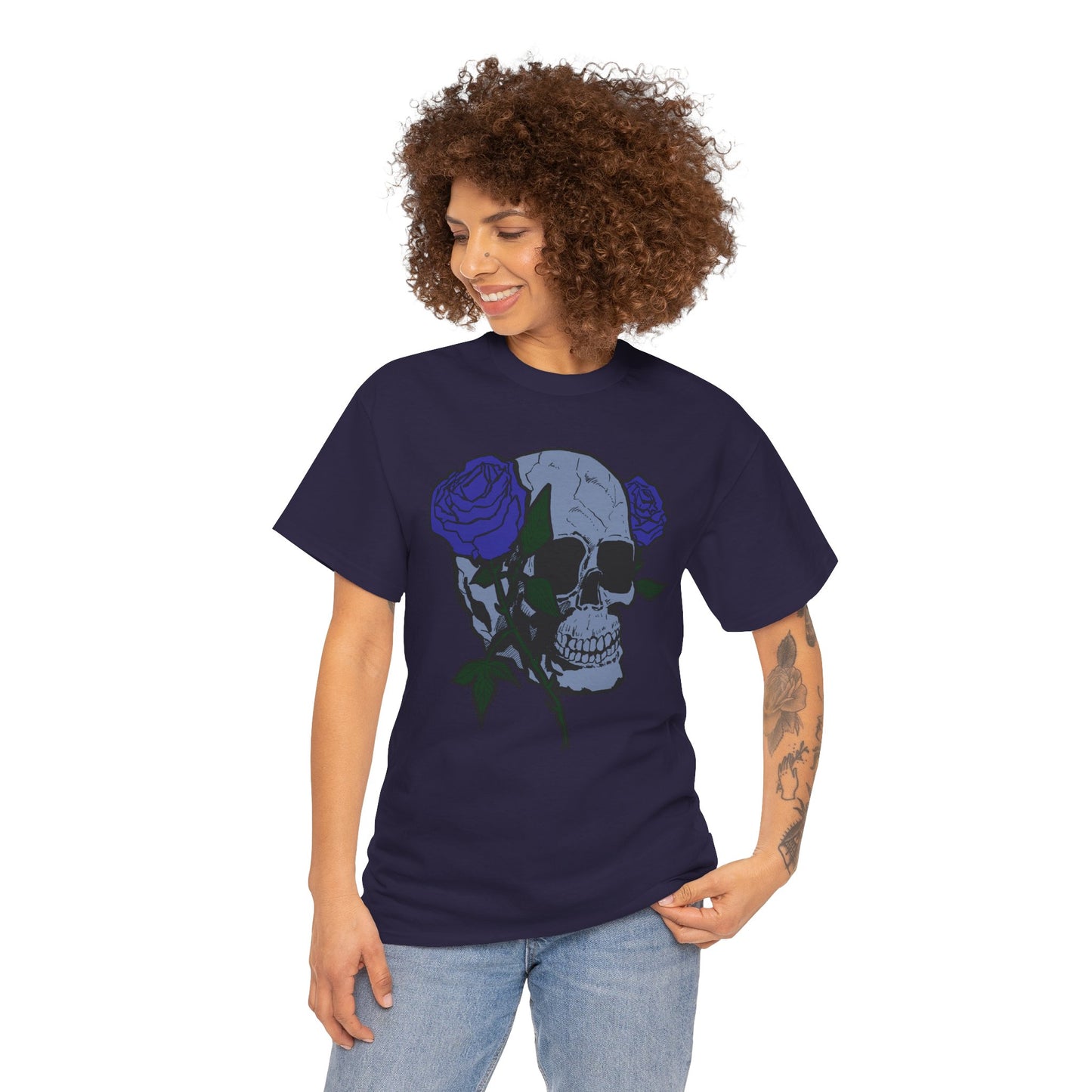 Unisex Heavy Cotton Tee with Skull and Rose Design - Edgy Streetwear Top