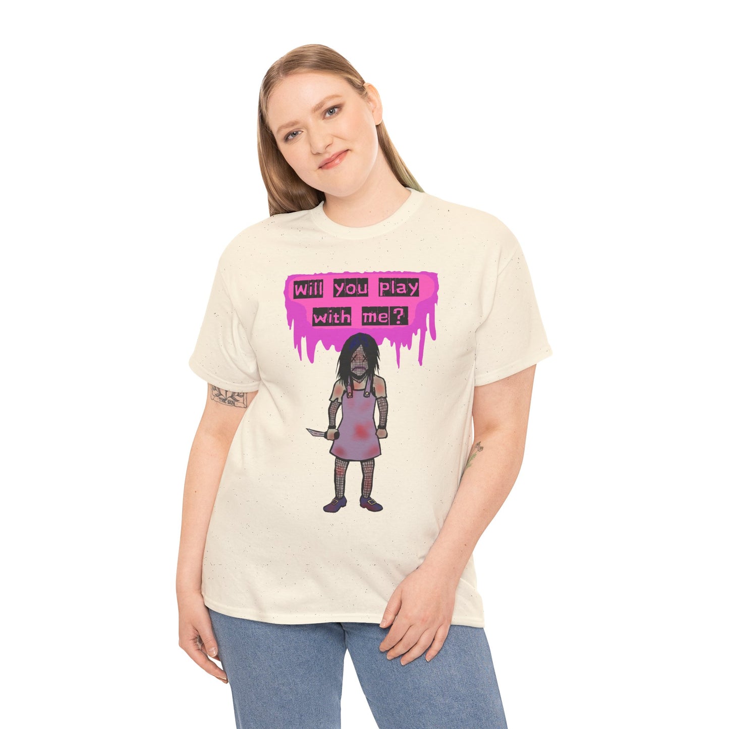Playful Evil Doll Horror Graphic Tee, Unisex Heavy Cotton Shirt, Casual Wear, Unique Gift, Halloween Costume, Quirky Fashion
