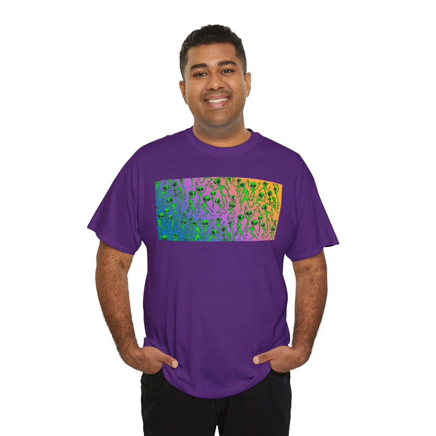 Alien Dance Party Gradient Tee — Colorful Psychedelic Green Aliens Art T-Shirt