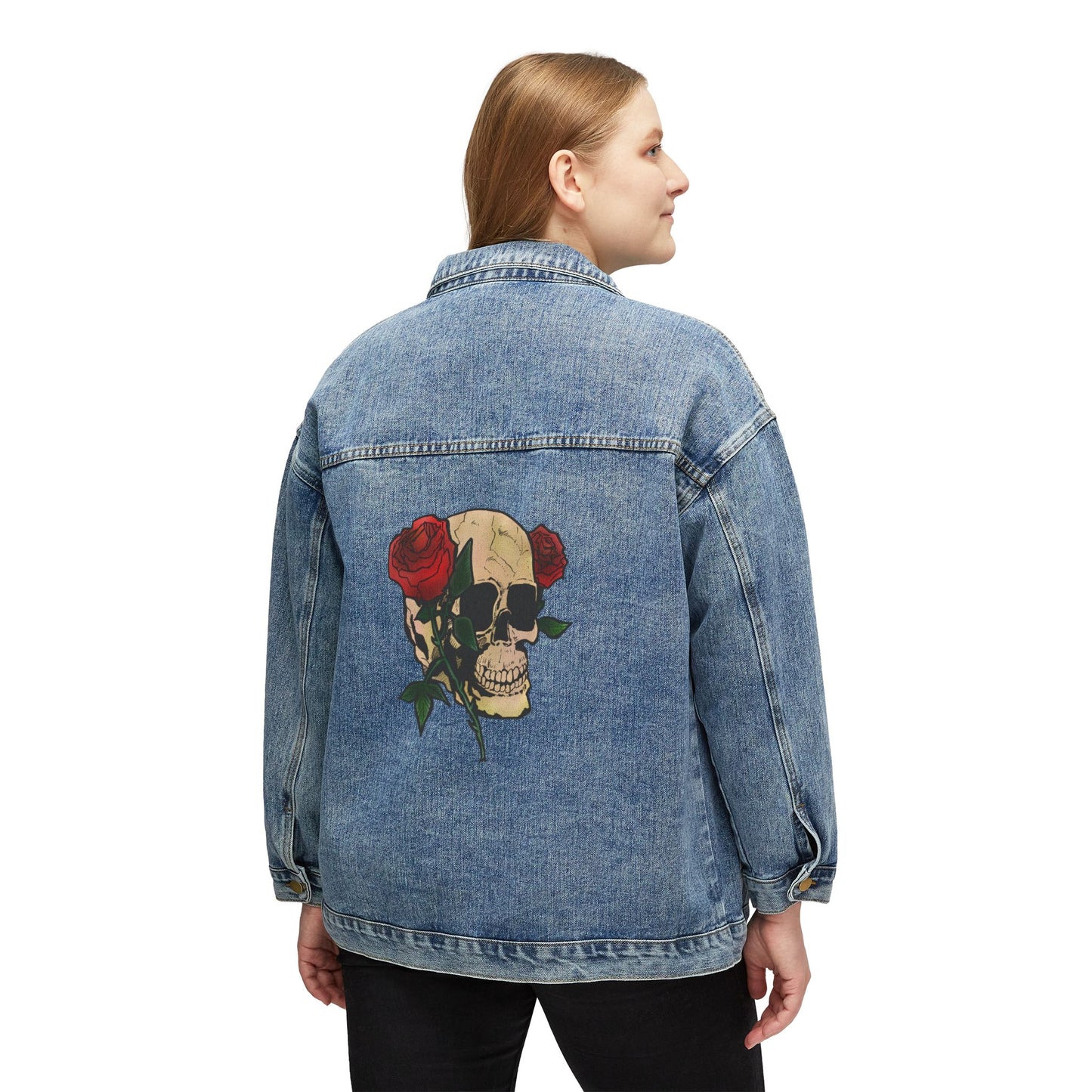 Women's Denim Jacket — Skull with Roses Back