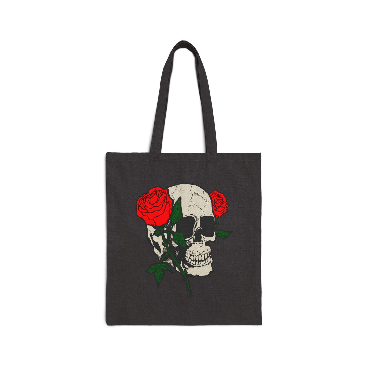 Skull & Roses Canvas Tote Bag — Gothic Floral Reusable Shopper
