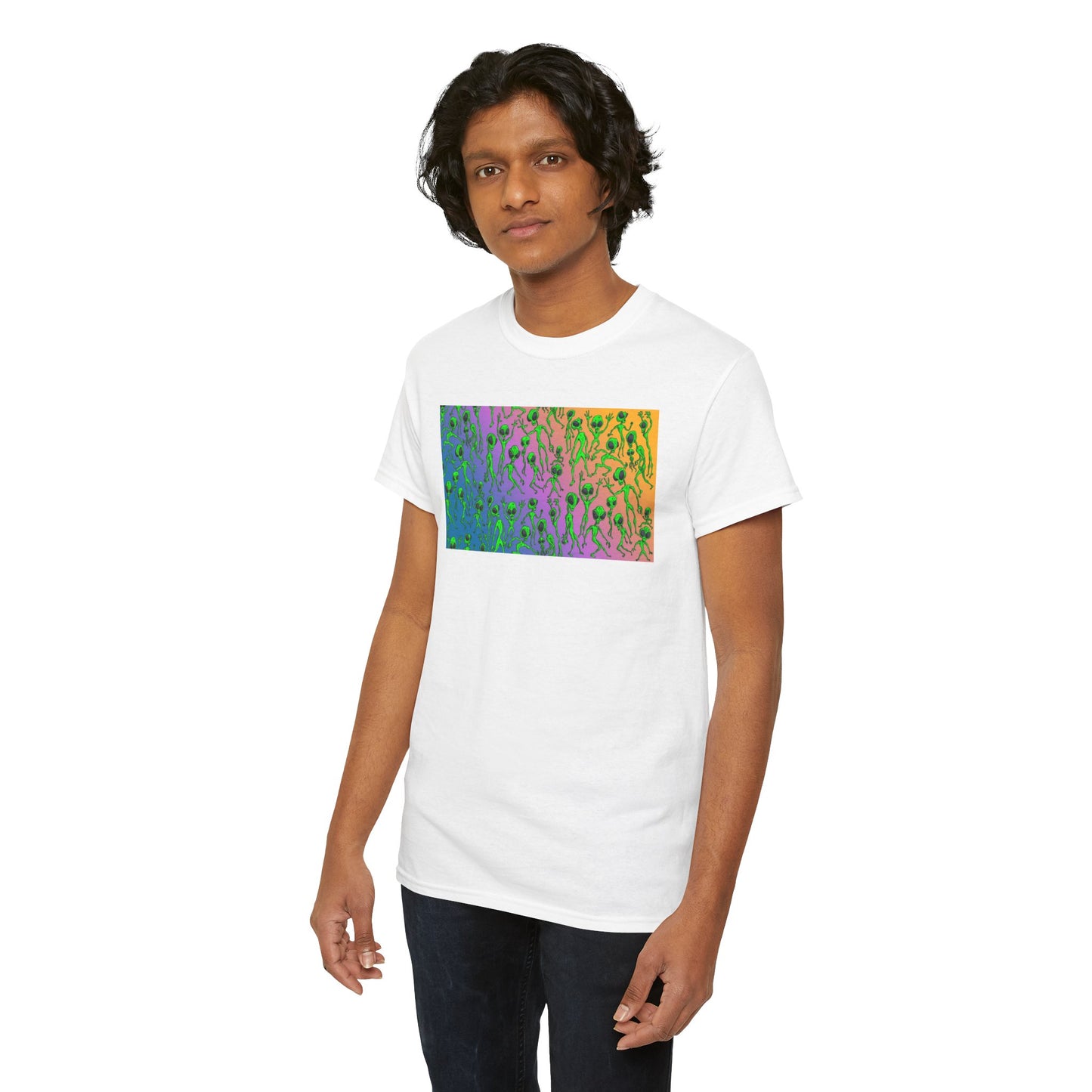Alien Dance Party Gradient Tee — Colorful Psychedelic Green Aliens Art T-Shirt