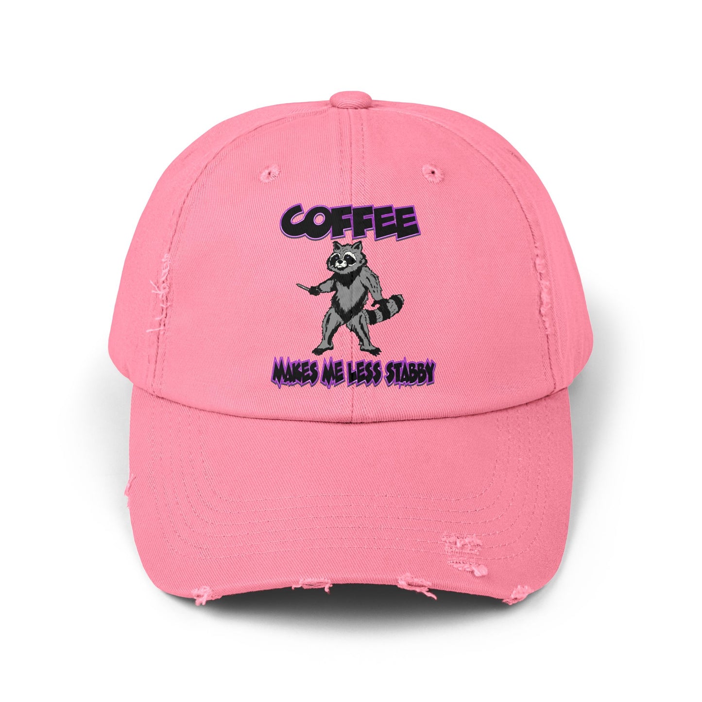 Funny Unisex Distressed Cap - "Coffee Makes Me Less Stabby" - Grumpy Raccoon