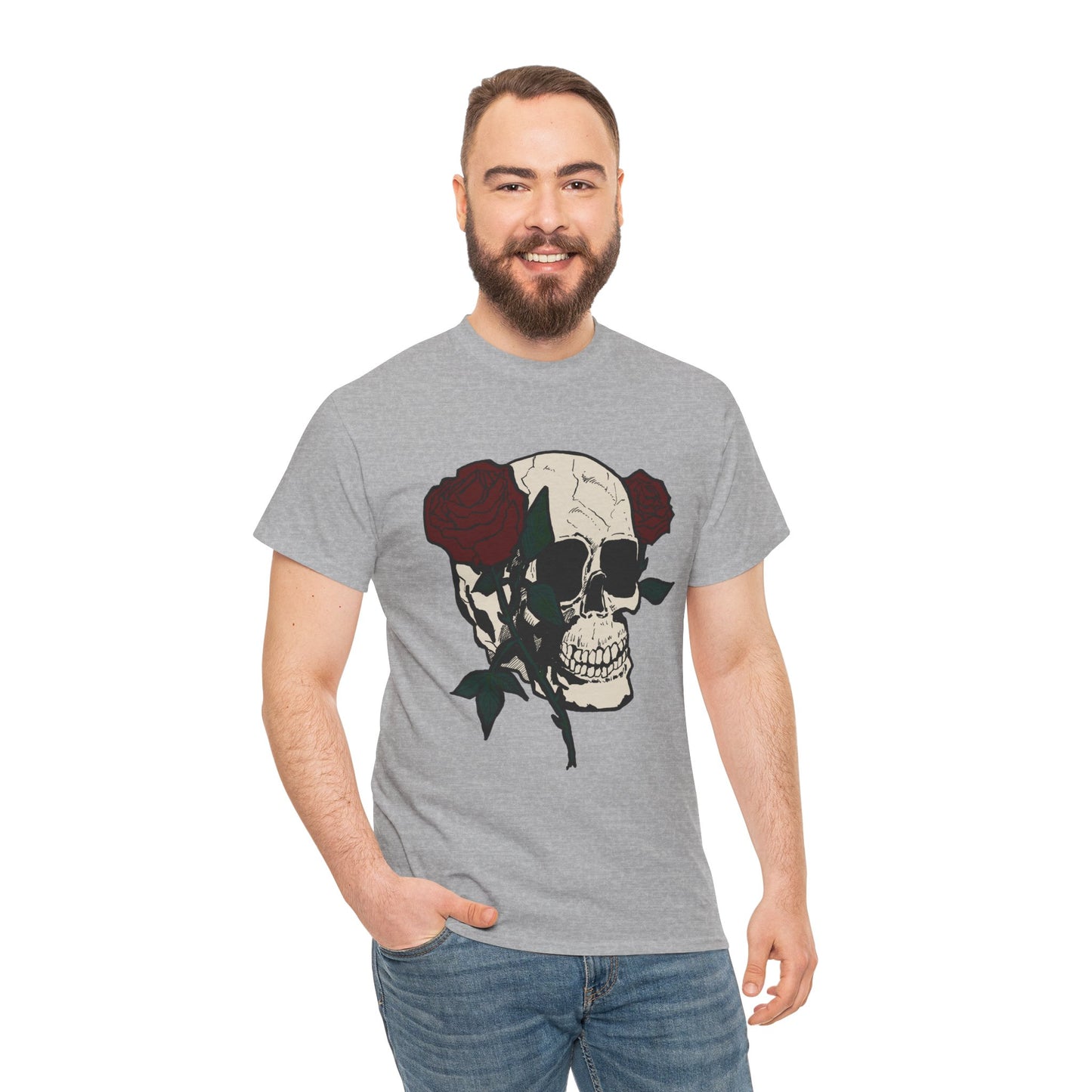 Skull and Roses Unisex Heavy Cotton Tee - Edgy Graphic T-Shirt for Impactful Style