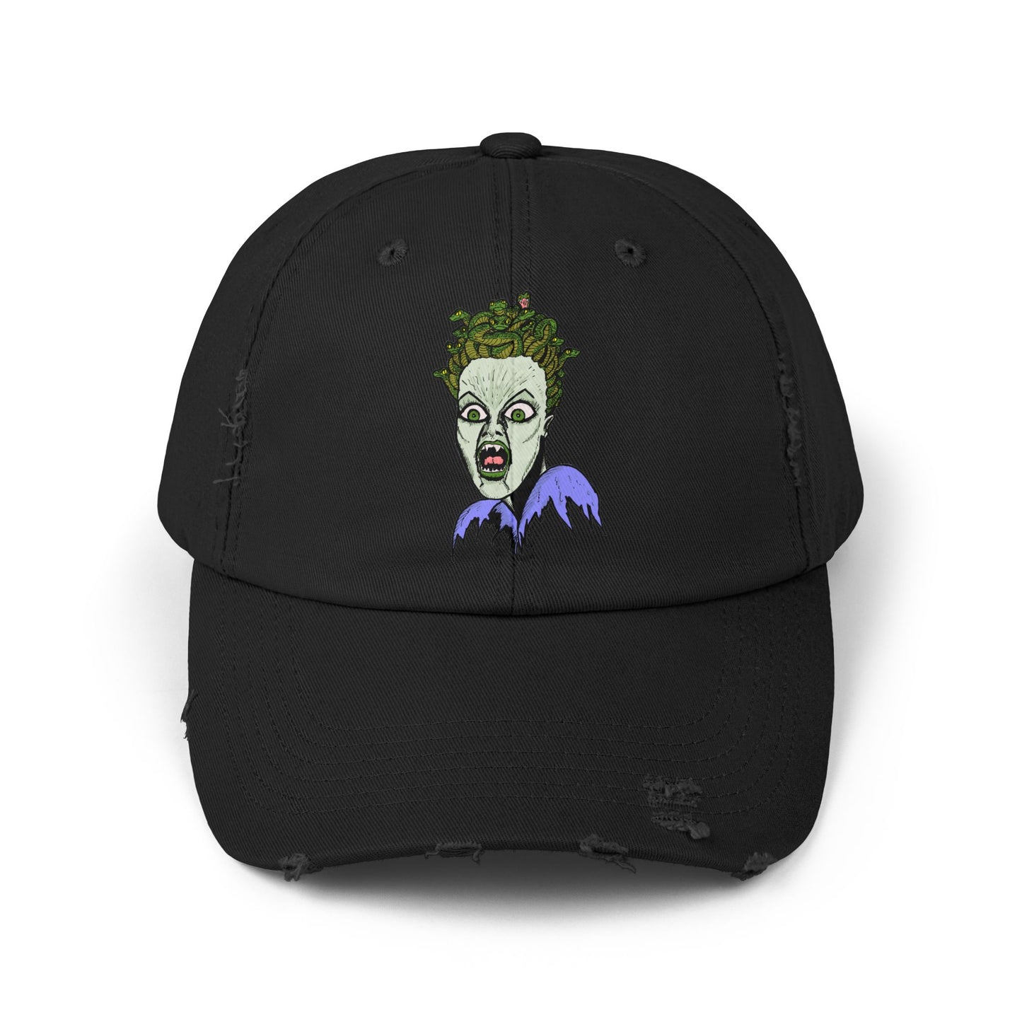Medusa Unisex Distressed Cap with Eerie Design, Casual Hat, Halloween Accessory, Statement Cap, Gift for Horror Fans, Trendy Distressed Hat
