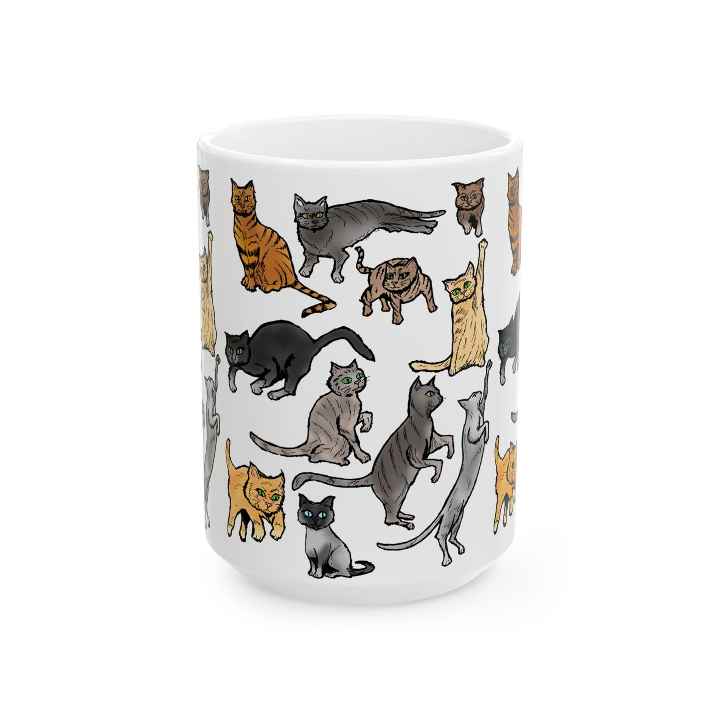 Cat Pattern Ceramic Mug — Cute Illustrated Cats Coffee Cup (11oz, 15oz)