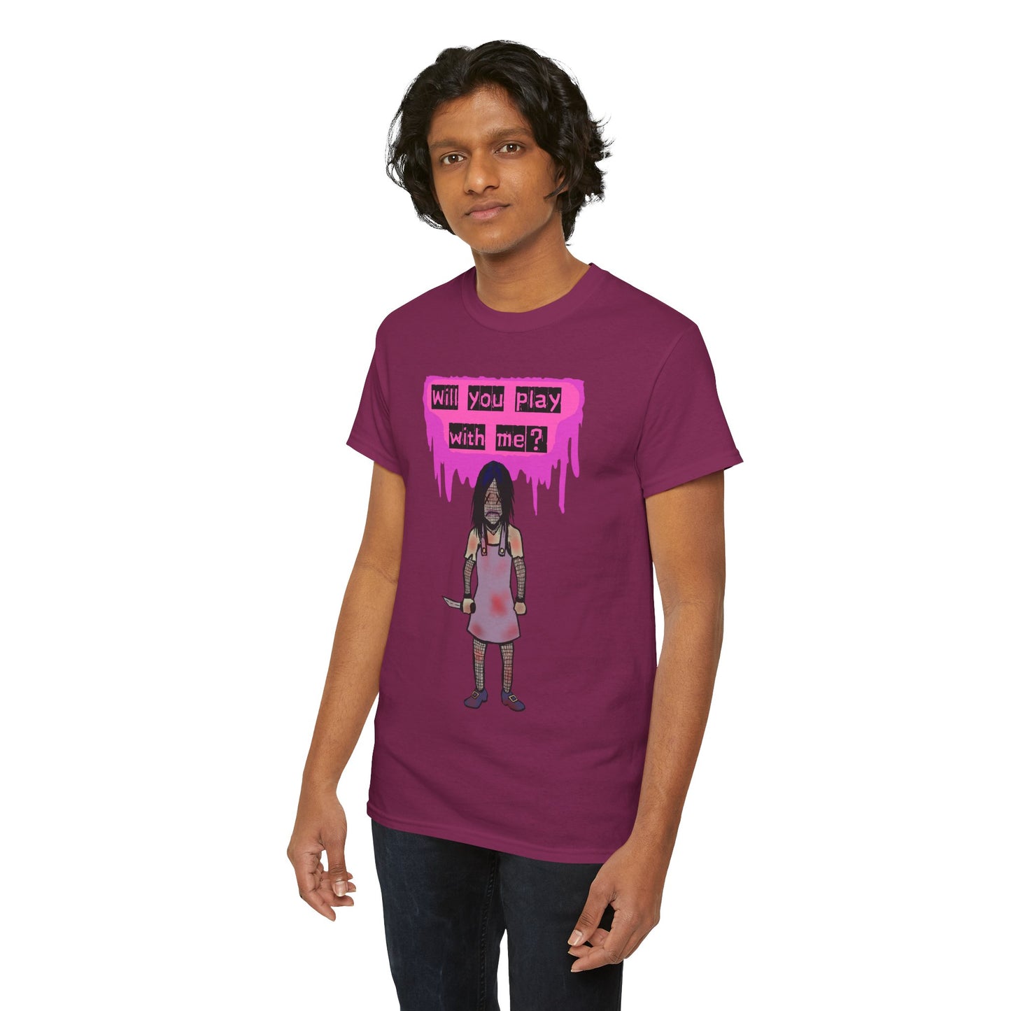 Playful Evil Doll Horror Graphic Tee, Unisex Heavy Cotton Shirt, Casual Wear, Unique Gift, Halloween Costume, Quirky Fashion